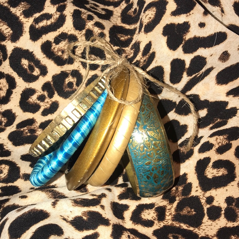 Boho Turquoise and gold bracelets/bangles set